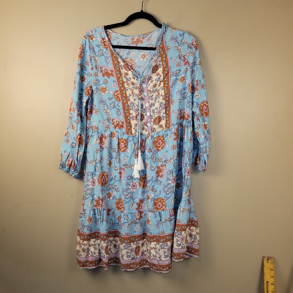The Unbranded Brand Dresses & Skirts - Boho Floral Mini Dress Womens M Blue Peasant Tassel Tie Tiered Babydoll Festival